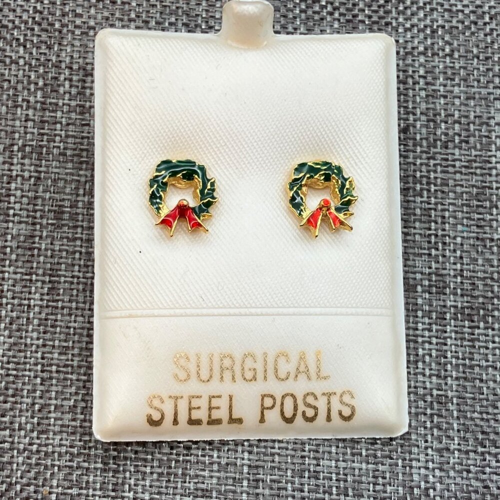 Christmas Wreath Pierced Earrings Surgical Steel Posts Gold Red Green Enamel